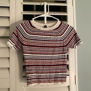 divided ribbed striped short sleeve sweater